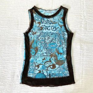 Vintage Y2K Abstract Origan Mesh Sheer Sleeveless Top Tank S Blue Brown Print